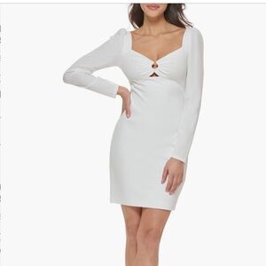 Guess White Bodycon Crepe Dress Size 10 Sweetheart Cutout Long Sleeve Cocktail